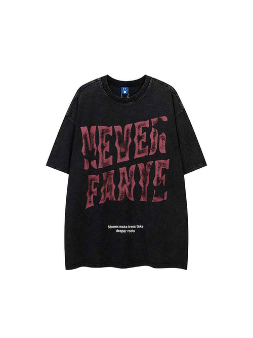 Whysoil-Distressed Jagged Gothic Stacked Letter Print Washed Oversized T-Shirt