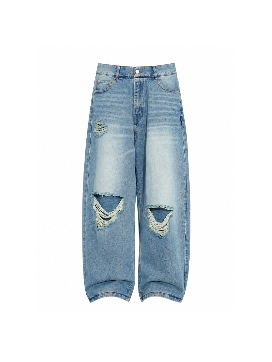 WHY SOIL Distressed Light Wash Casual Denim Pants