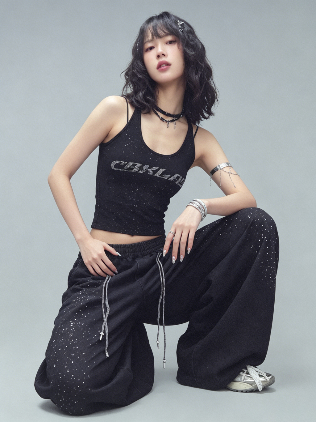 WHY SOIL Black Galaxy Rhinestone Wide Leg Denim Pants