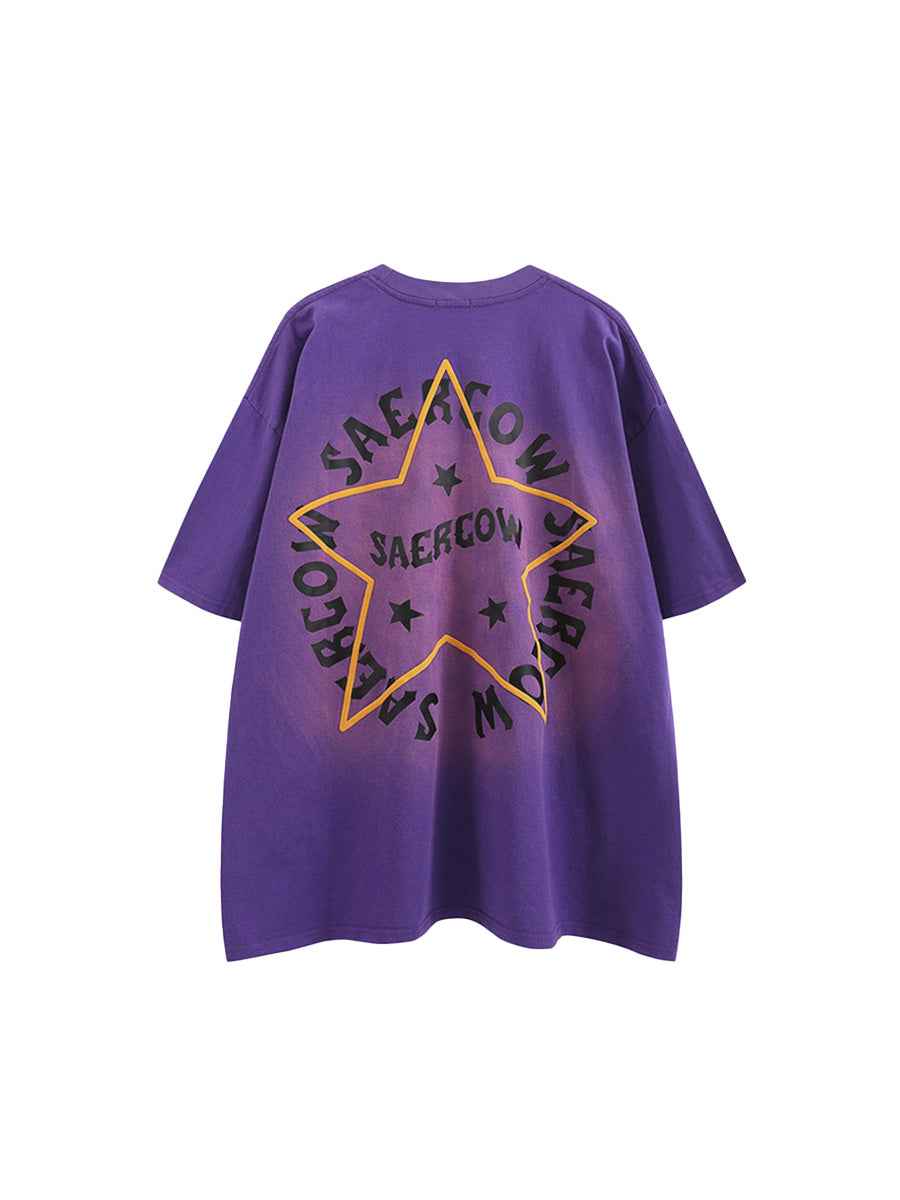 Whysoil-Front & Back Star Letter Gradient Washed Oversized Short Sleeve T-Shirt
