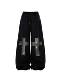 Whysoil Unisex Rhinestone Cross Wide-Leg Sweatpants