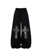Whysoil Unisex Rhinestone Cross Wide-Leg Sweatpants