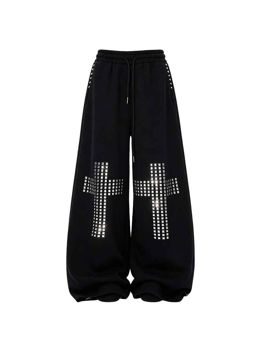 Whysoil Pantalon de survêtement unisexe ample avec croix en strass