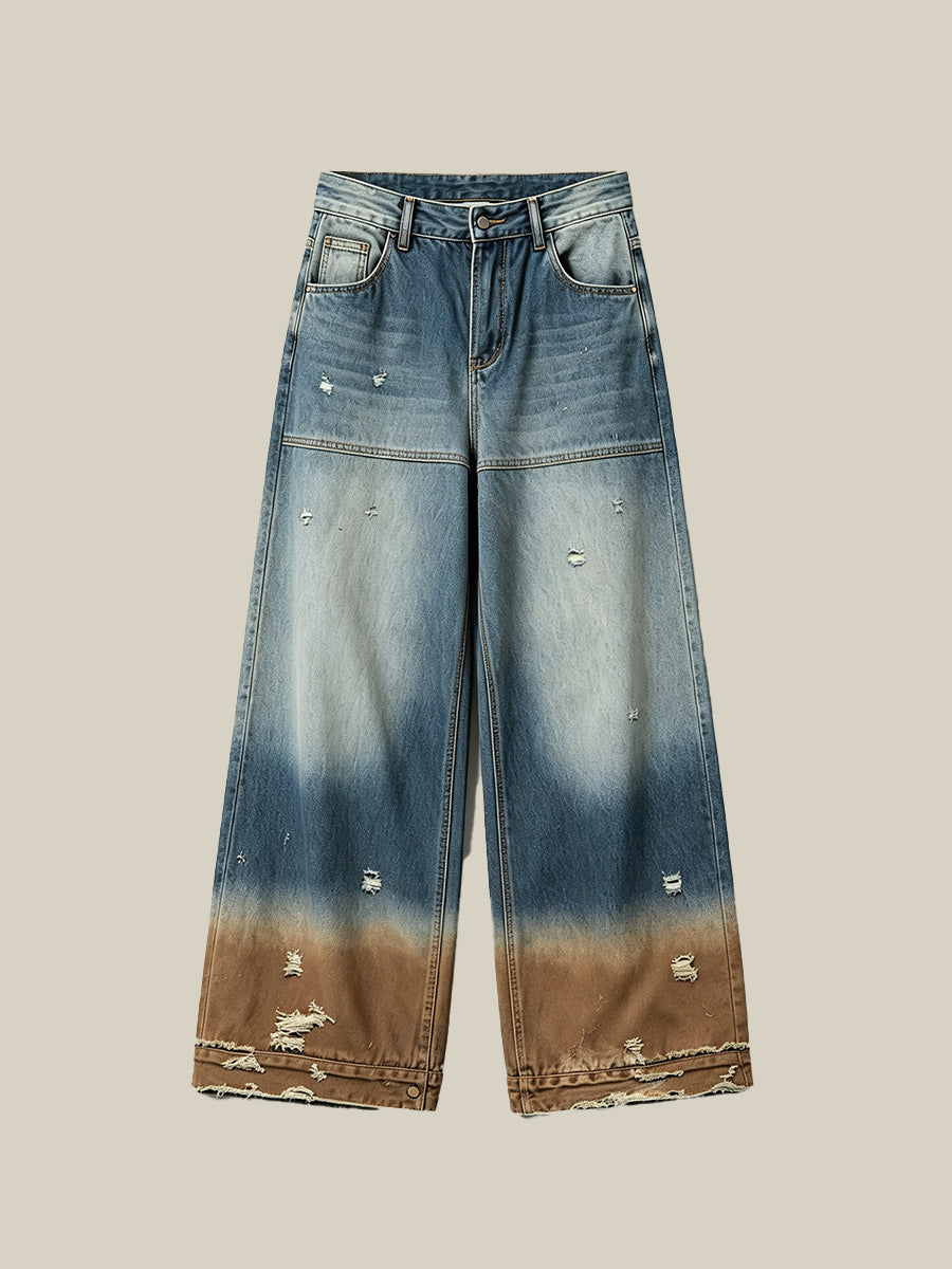 Gradient Distressed Vintage Denim Wide Leg Pants Tri-Color Earth Fade Wash | WHYSOIL