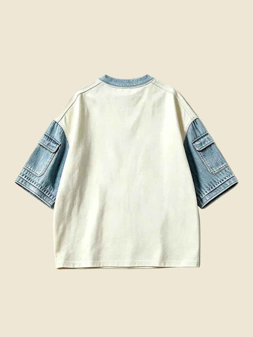 Cream Light Blue Color Block Cargo Sleeve Crew Neck Oversized Short Sleeve T-Shirt | WHYSOIL