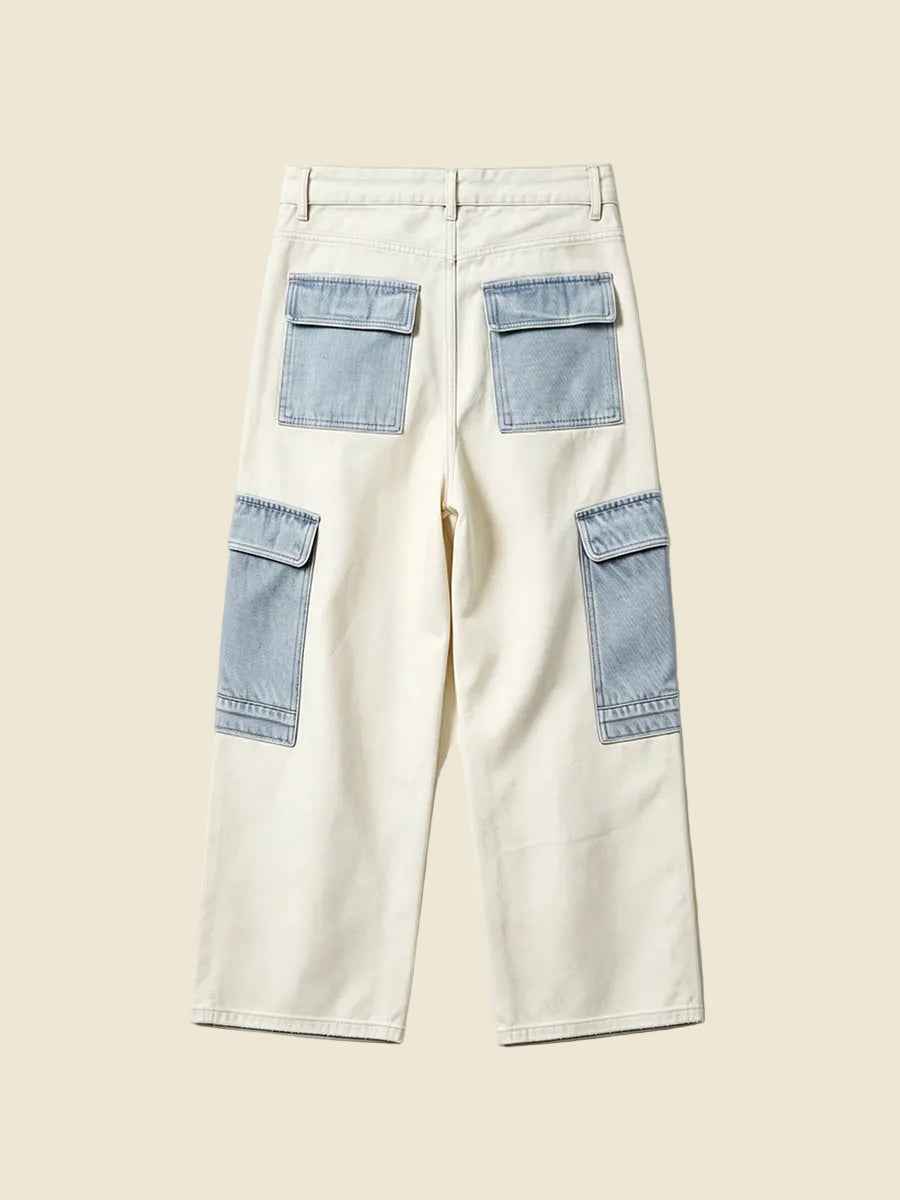 Cream Light Blue Color Block Cargo Wide Leg Full-Length Denim Pants | WHYSOIL