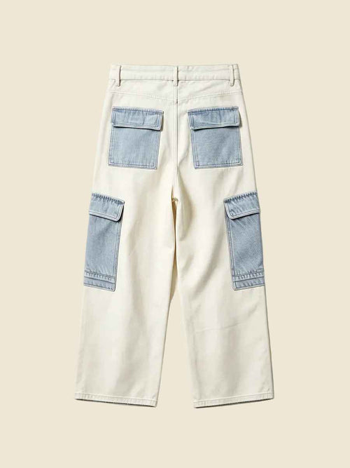 Cream Light Blue Color Block Cargo Wide Leg Full-Length Denim Pants | WHYSOIL