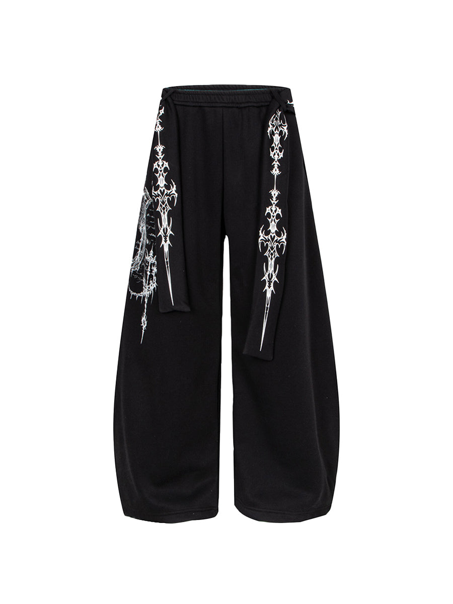 Whysoil-Ornate Sword Vertical Print Flap Pocket Baggy Wide Leg Casual Pants
