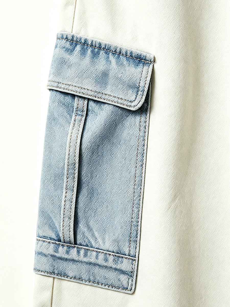 Cream Light Blue Color Block Cargo Wide Leg Full-Length Denim Pants | WHYSOIL