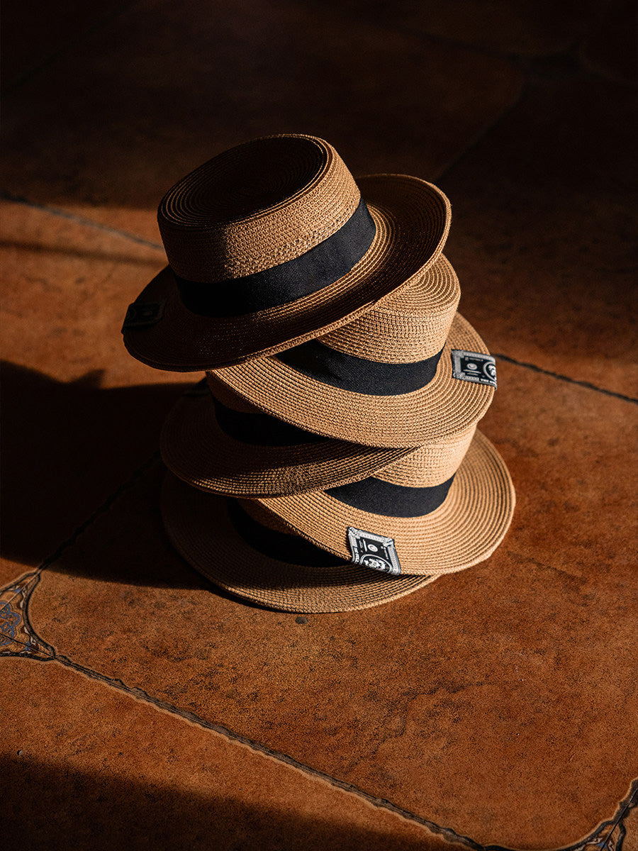 Vintage Muted Tone Straw Boater Hat, Textured Woven Earthy Tone | WHYSOIL