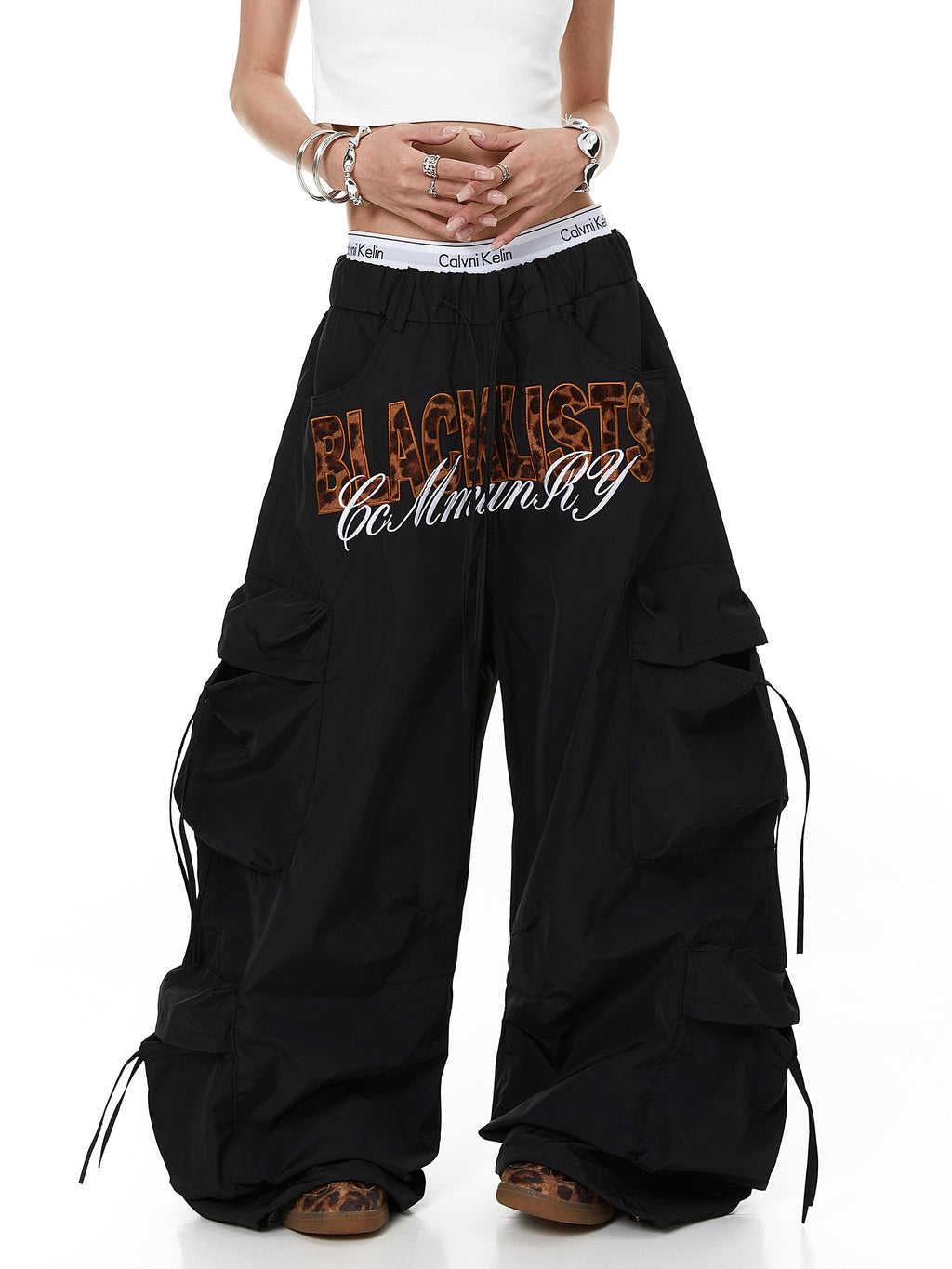 Whysoil Unisex Leopard Print Letter Cargo Pants