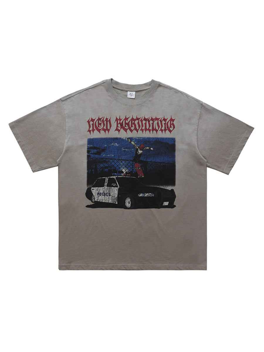 Whysoil-Skate Cop Car Vintage Print Washed Grey Oversized T-Shirt