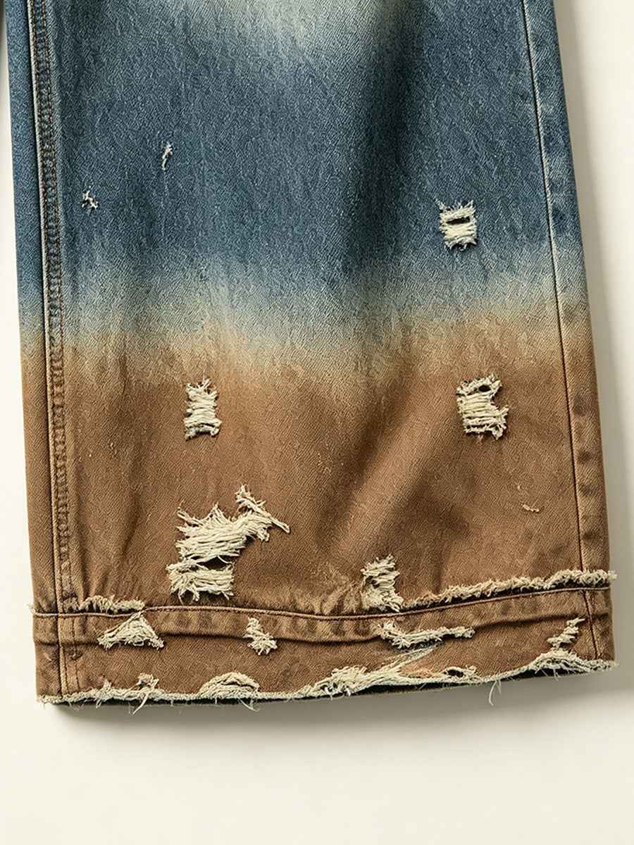 Gradient Distressed Vintage Denim Wide Leg Pants Tri-Color Earth Fade Wash | WHYSOIL