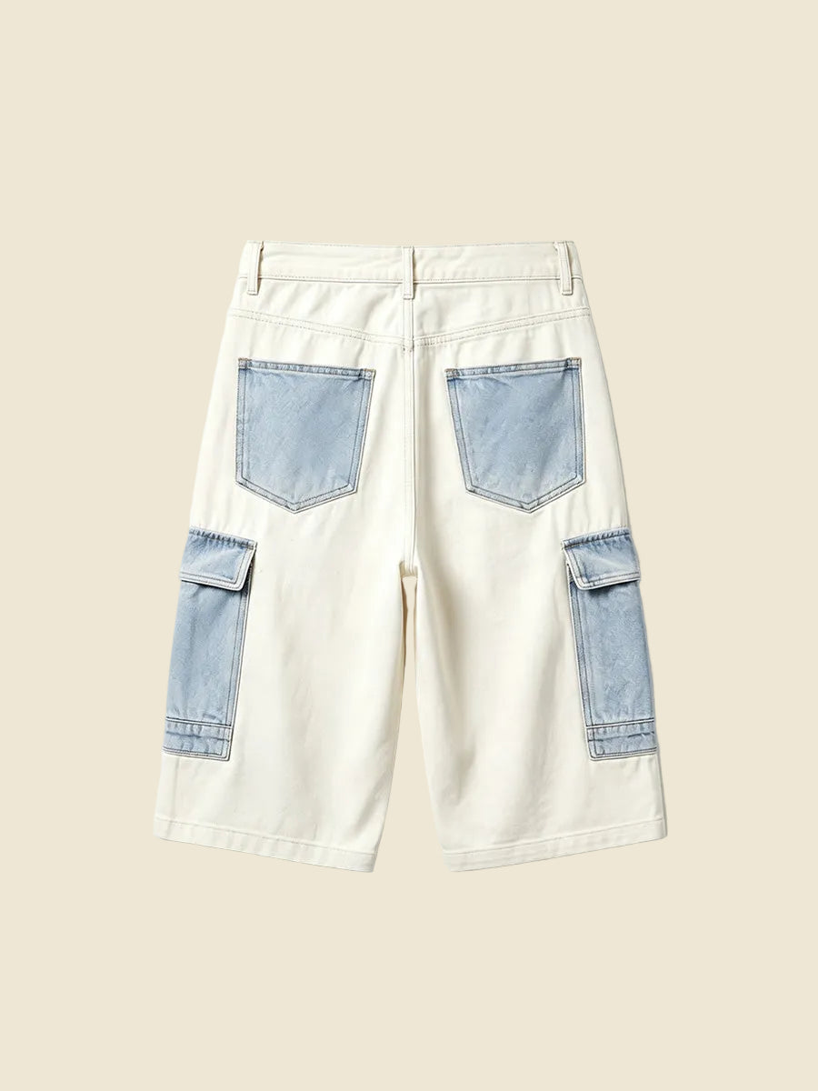 Vintage Series Cargo Capri Jeans, Relaxed Silhouette, Off White Contrast Blue | WHYSOIL