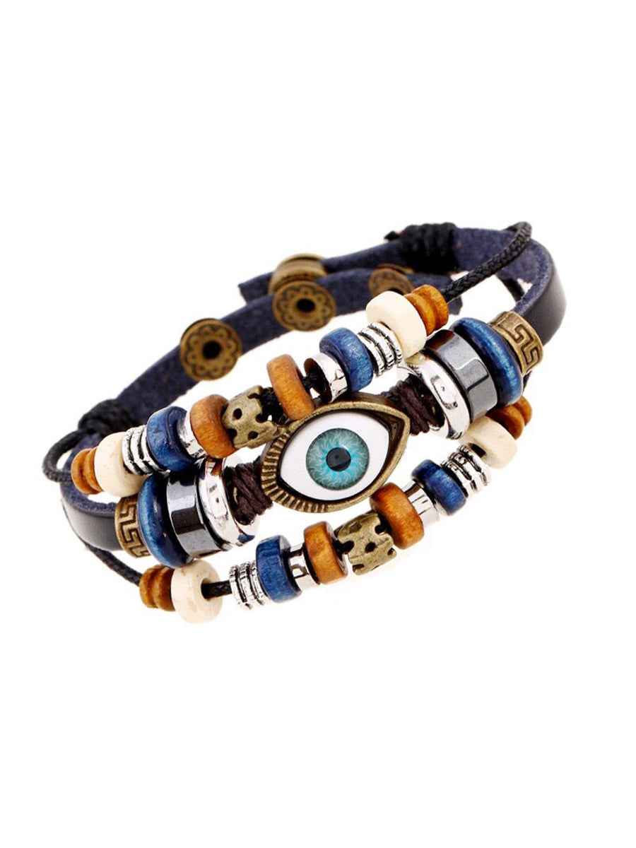 Whysoil-Evil Eye Multi Bead Adjustable Leather Cord Bohemian Stacked Bracelet