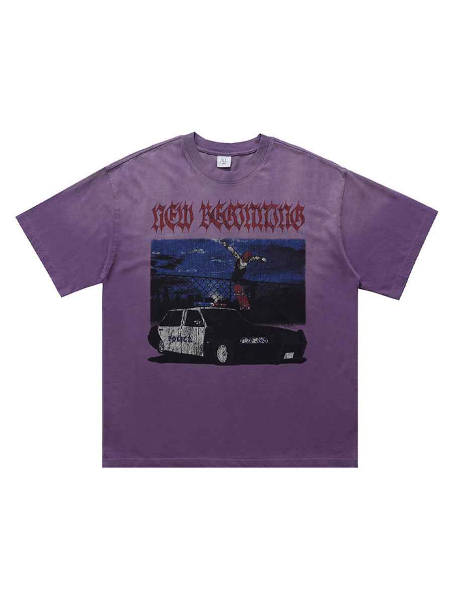 Whysoil-Skate Cop Car Vintage Print Washed Grey Oversized T-Shirt