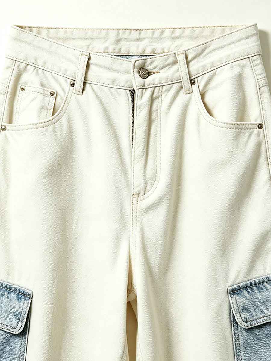 Cream Light Blue Color Block Cargo Wide Leg Full-Length Denim Pants | WHYSOIL