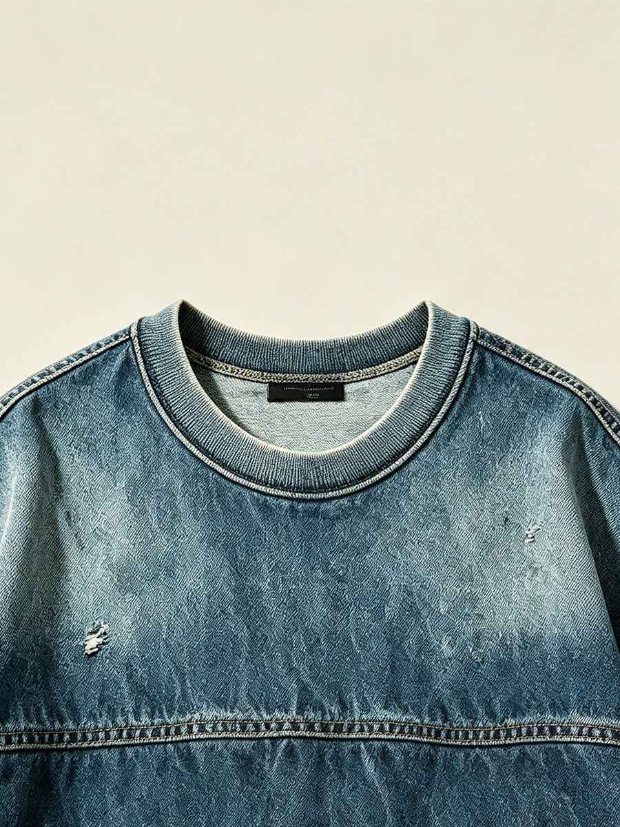 Gradient Distressed Vintage Denim Oversized Short Sleeve Tee Tri-Color Earth Fade Wash | WHYSOIL
