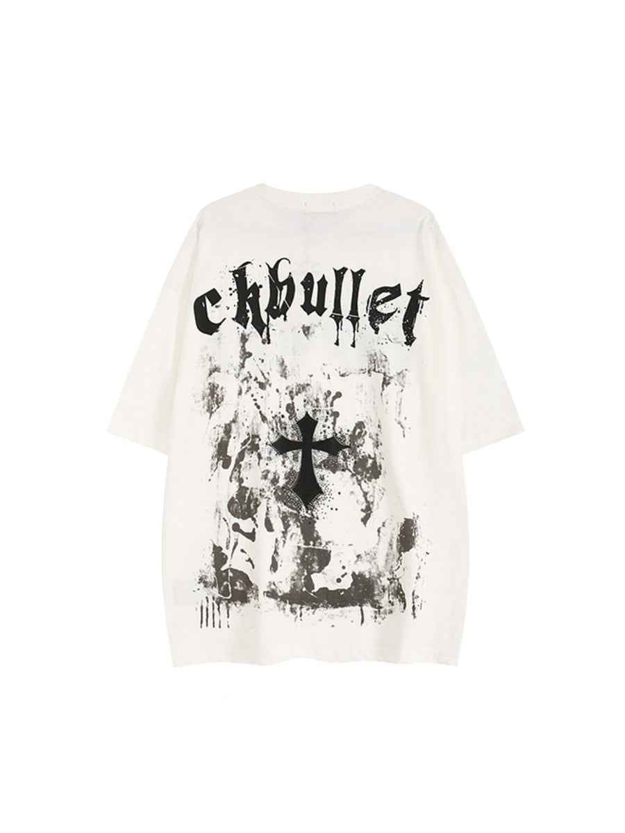 Whysoil-Gothic Drip Letter Cross Vintage Grunge Back Print Oversized T-Shirt