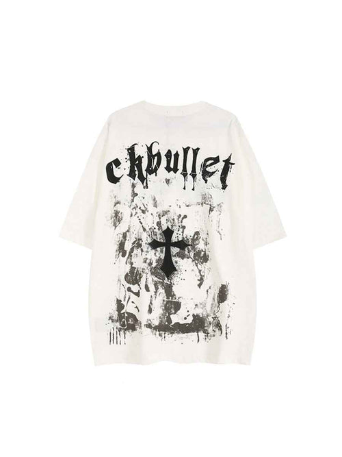 Whysoil-Gothic Drip Letter Cross Vintage Grunge Back Print Oversized T-Shirt