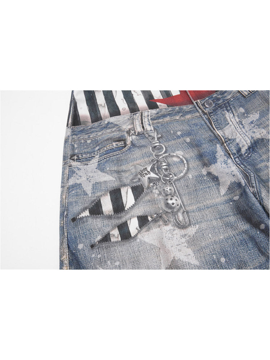 Whysoil-All Over Star Print Striped Waist Red Star Baggy Wide Leg Denim Pants
