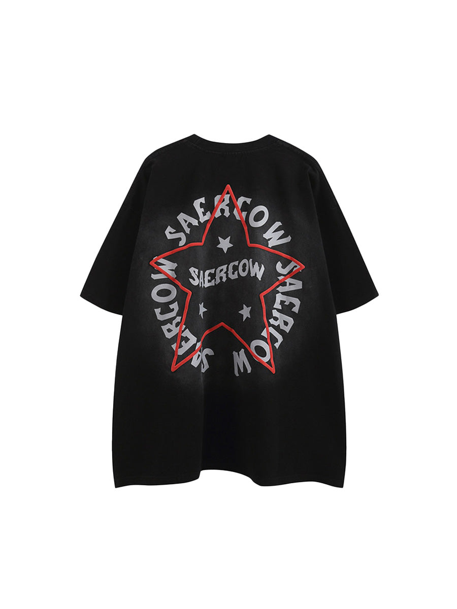 Whysoil-Front & Back Star Letter Gradient Washed Oversized Short Sleeve T-Shirt