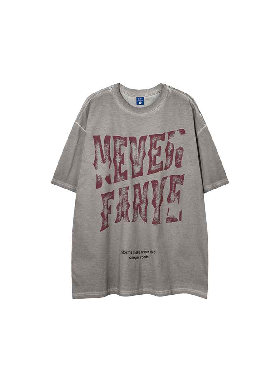 Whysoil-Distressed Jagged Gothic Stacked Letter Print Washed Oversized T-Shirt