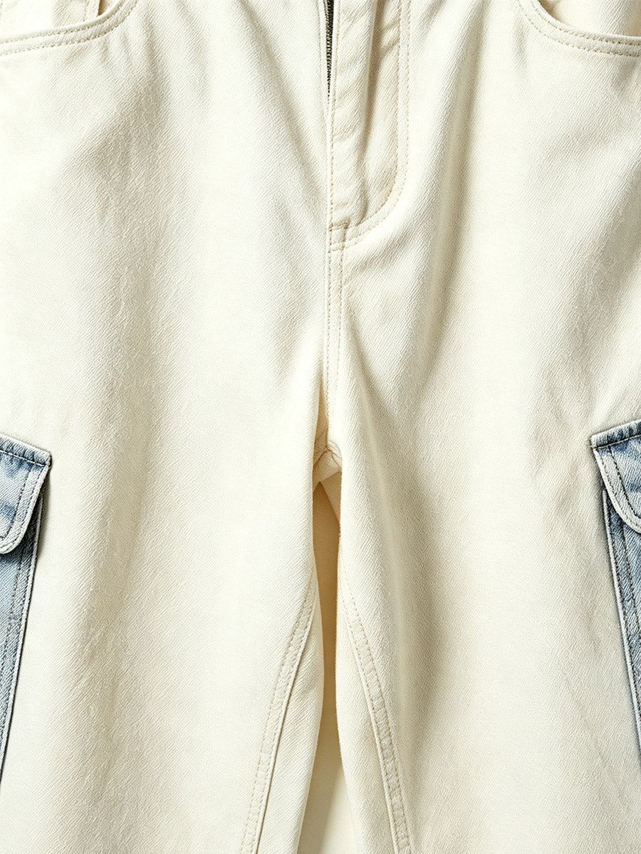 Vintage Series Cargo Capri Jeans, Relaxed Silhouette, Off White Contrast Blue | WHYSOIL
