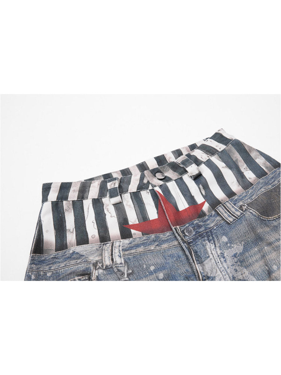 Whysoil-All Over Star Print Striped Waist Red Star Baggy Wide Leg Denim Pants