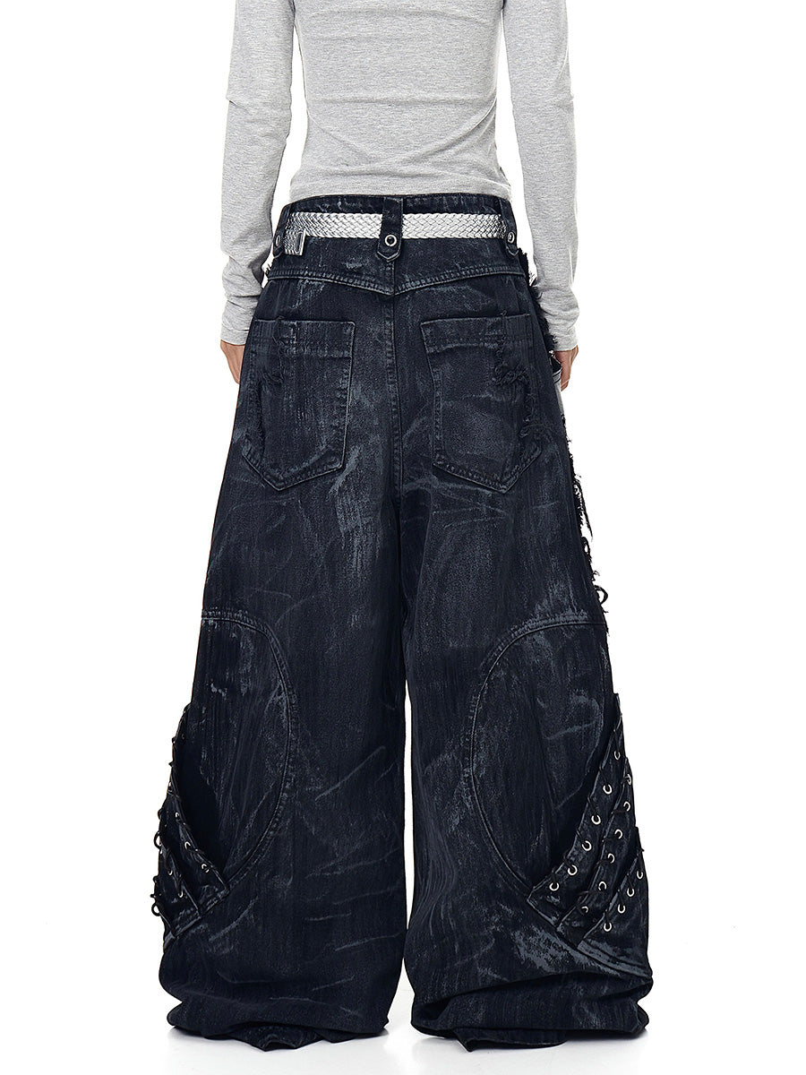 Whysoil-Contrast Patch Raw Fringe Rivet Curved Stitch Wide Leg Denim Pants