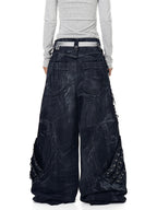 Whysoil-Contrast Patch Raw Fringe Rivet Curved Stitch Wide Leg Denim Pants
