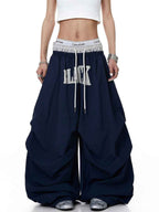 Whysoil-Bold Block Letter Print Ruched Wide Leg Drawstring Cargo Pants
