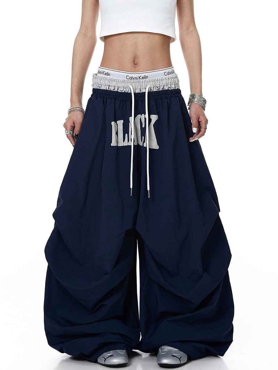 Whysoil-Bold Block Letter Print Ruched Wide Leg Drawstring Cargo Pants