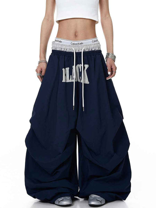 Whysoil-Bold Block Letter Print Ruched Wide Leg Drawstring Cargo Pants