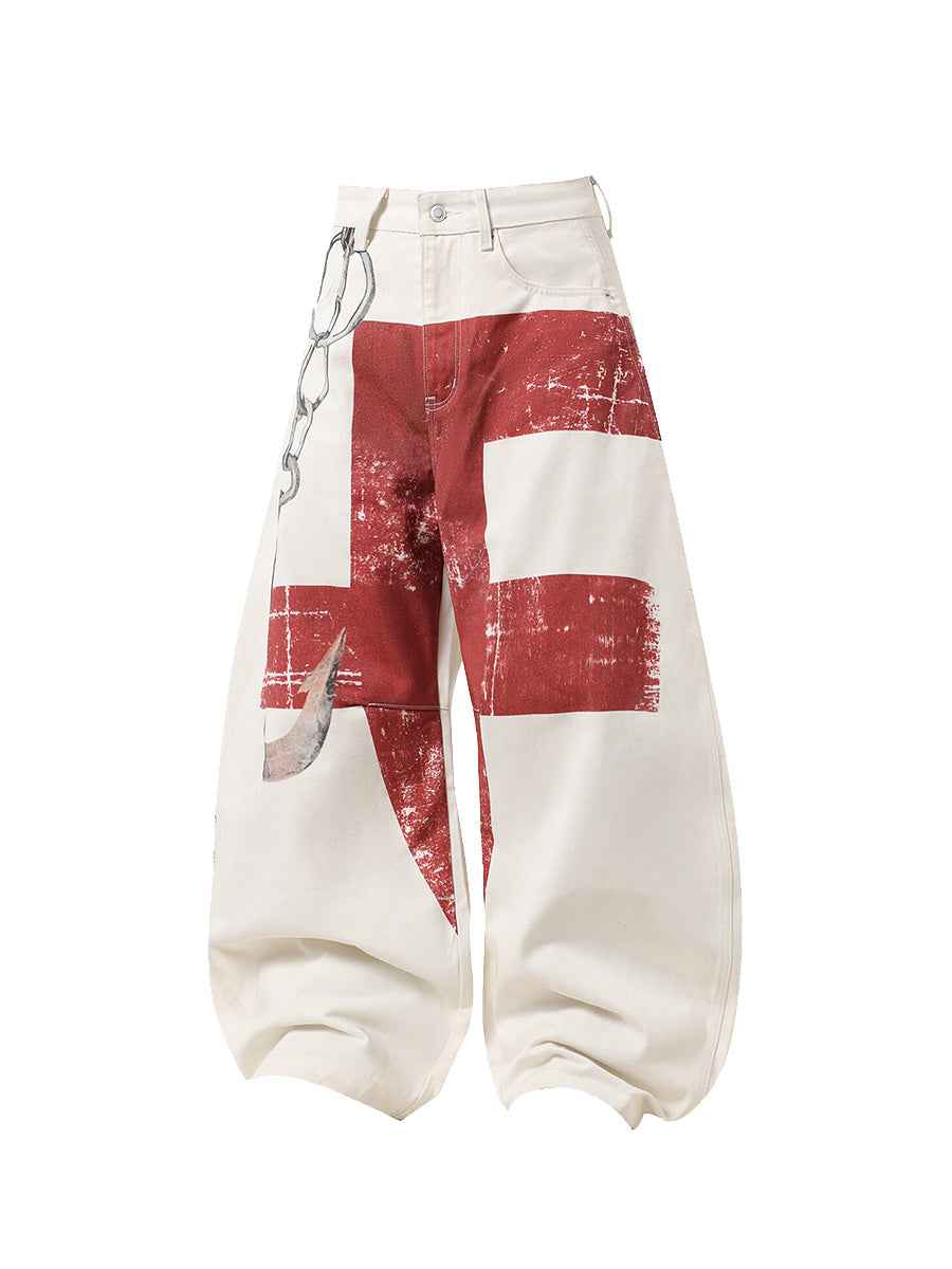 Whysoil-Distressed Red Cross Chain Hook Graphic Oversized Wide Leg Casual Pants
