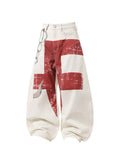 Whysoil-Distressed Red Cross Chain Hook Graphic Oversized Wide Leg Casual Pants
