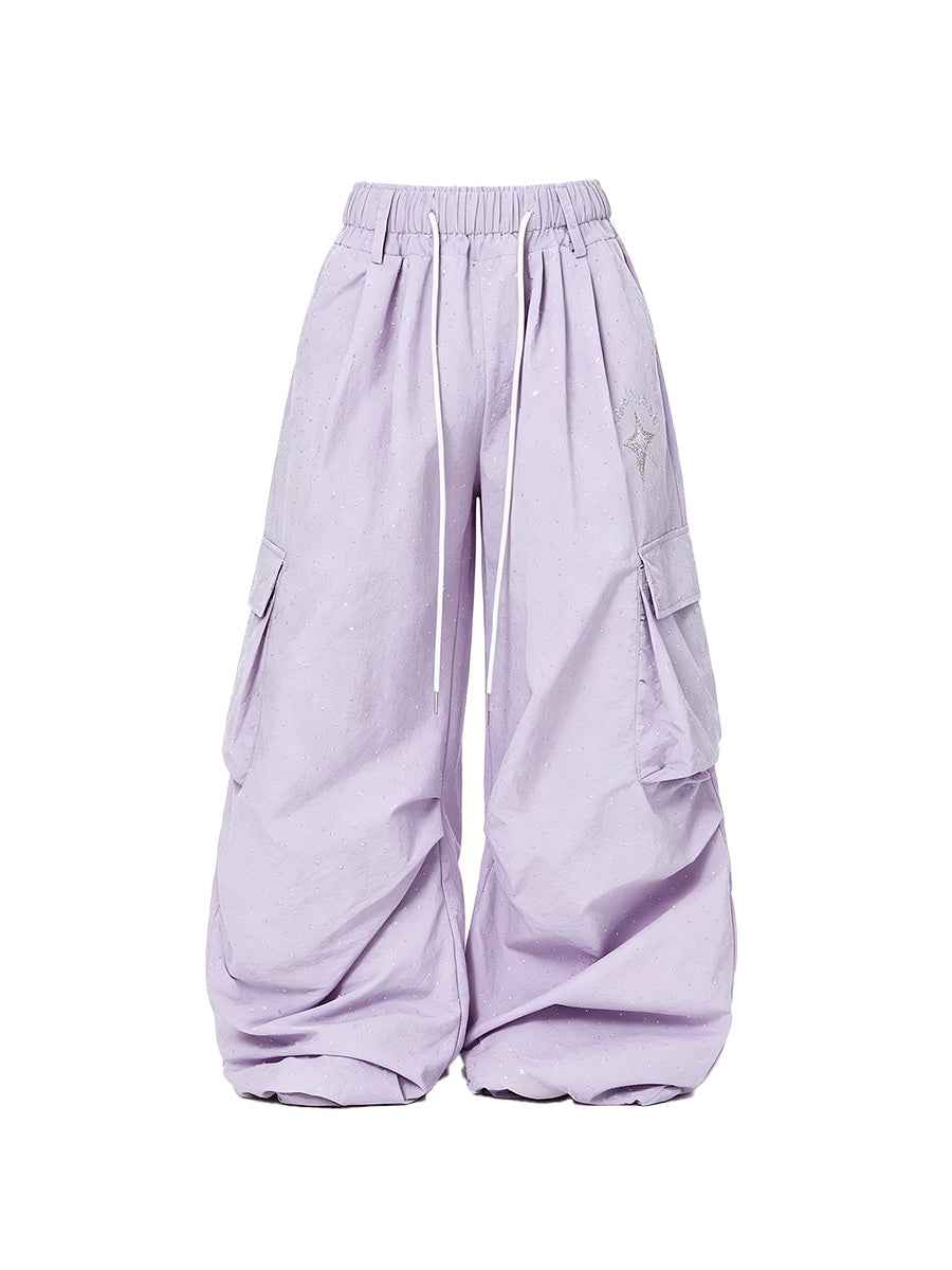 Whysoil-Star Glitter Print Multi-Pocket Ruched Drawstring Wide Leg Cargo Pants