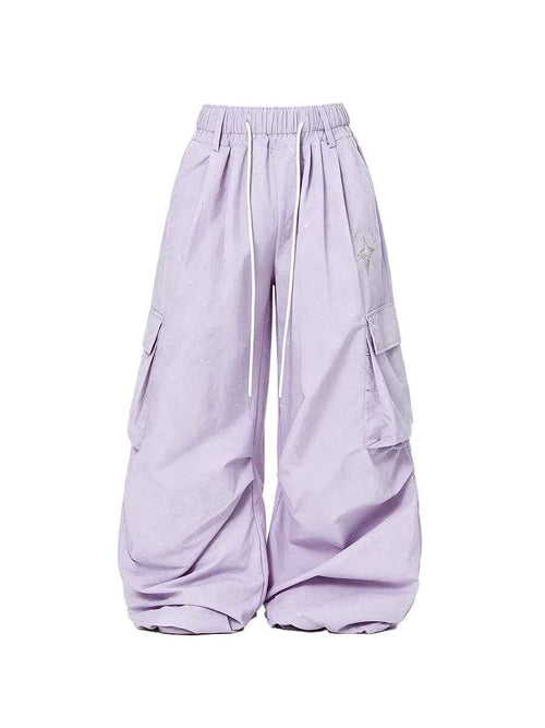 Whysoil-Star Glitter Print Multi-Pocket Ruched Drawstring Wide Leg Cargo Pants