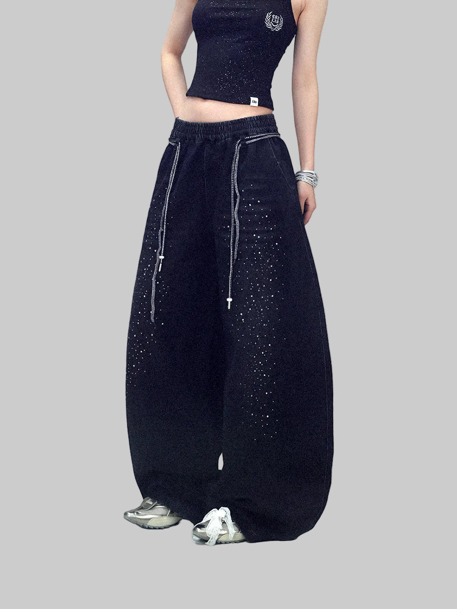 WHY SOIL Black Galaxy Rhinestone Wide Leg Denim Pants