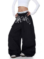 Whysoil-Cursive Front Letter Dual Pocket Drawstring Ultra Wide Leg Cargo Pants