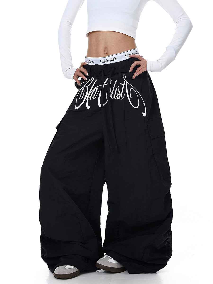 Whysoil-Cursive Front Letter Dual Pocket Drawstring Ultra Wide Leg Cargo Pants