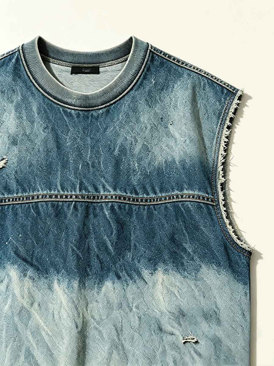 Gradient Distressed Vintage Denim Oversized Sleeveless Tank Top Tri-Color Earth Fade Wash | WHYSOIL