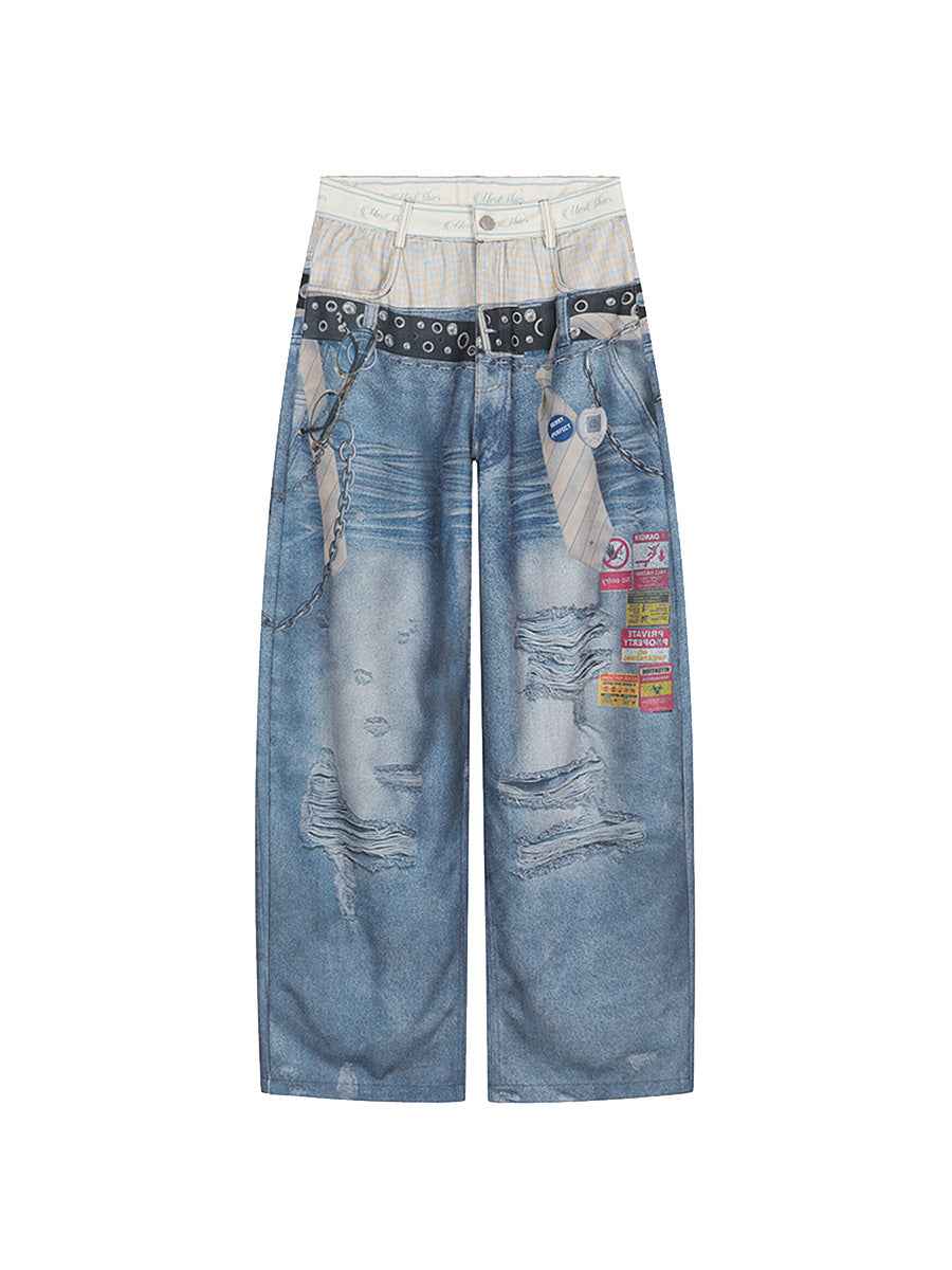 Whysoil-Plaid Spliced Waist Multi Label Patch Distressed Wide Leg Denim Pants