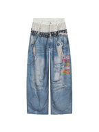 Whysoil-Plaid Spliced Waist Multi Label Patch Distressed Wide Leg Denim Pants