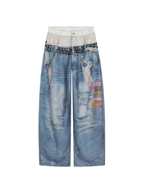 Whysoil-Plaid Spliced Waist Multi Label Patch Distressed Wide Leg Denim Pants