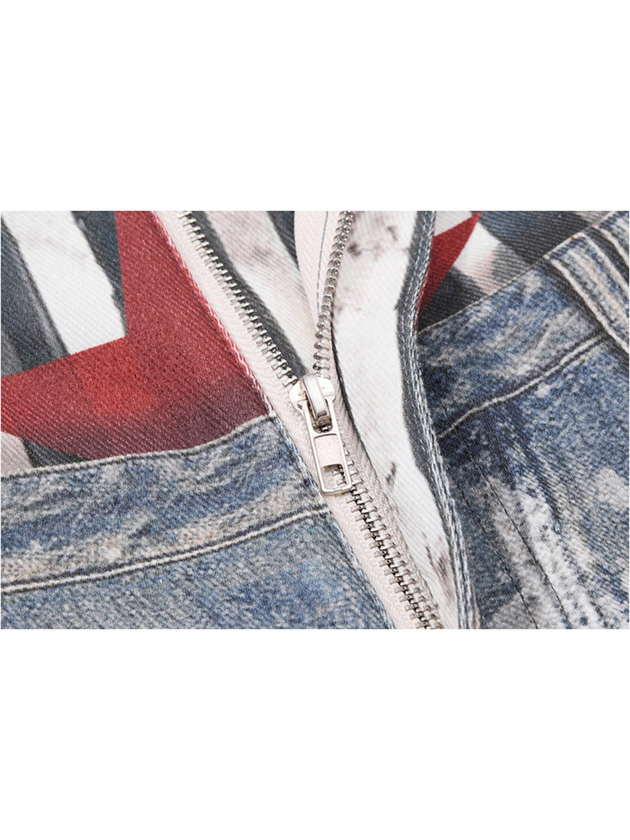 Whysoil-All Over Star Print Striped Waist Red Star Baggy Wide Leg Denim Pants