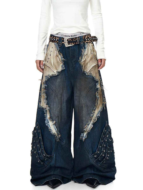 Whysoil-Contrast Patch Raw Fringe Rivet Curved Stitch Wide Leg Denim Pants