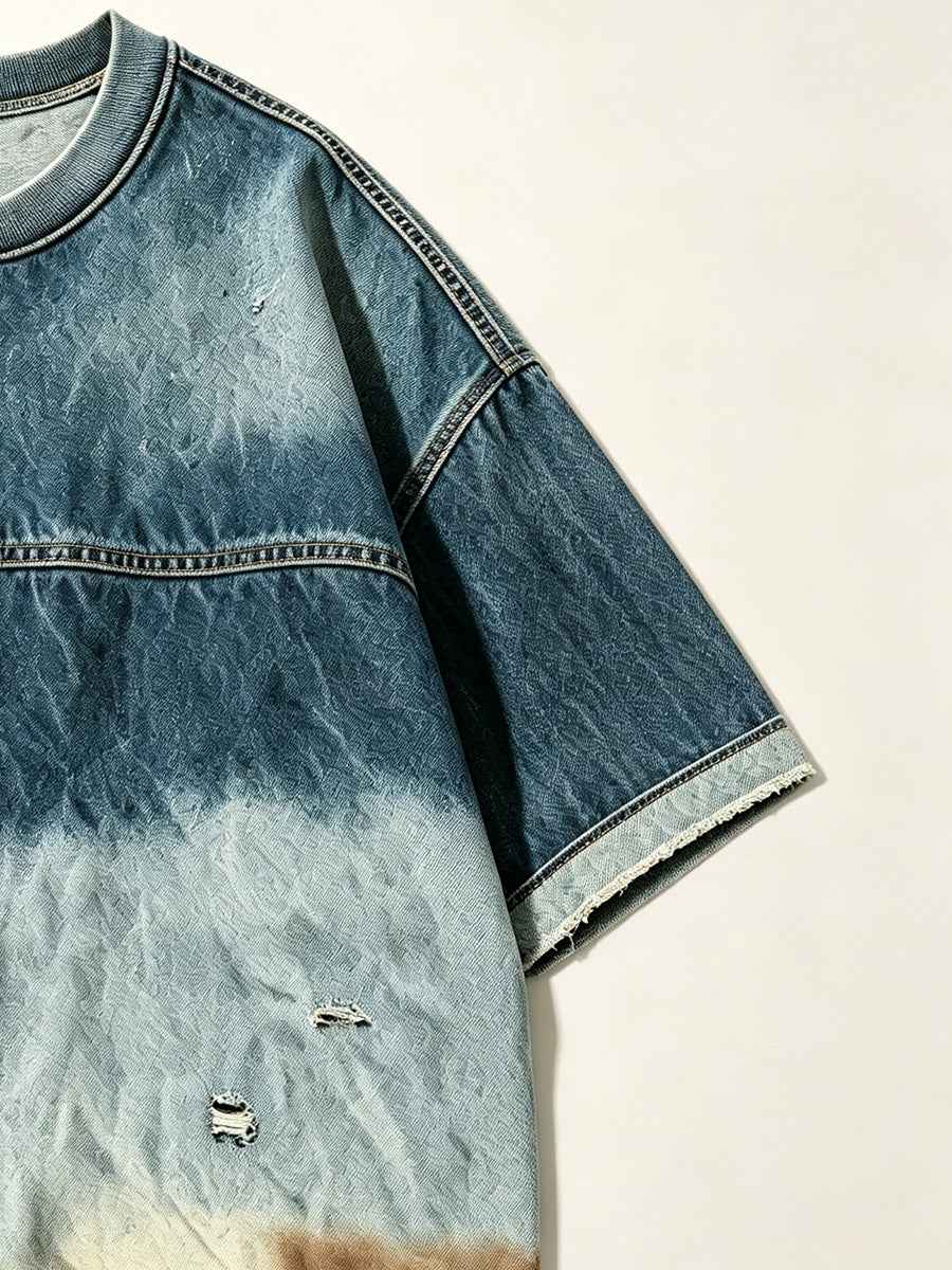 Gradient Distressed Vintage Denim Oversized Short Sleeve Tee Tri-Color Earth Fade Wash | WHYSOIL