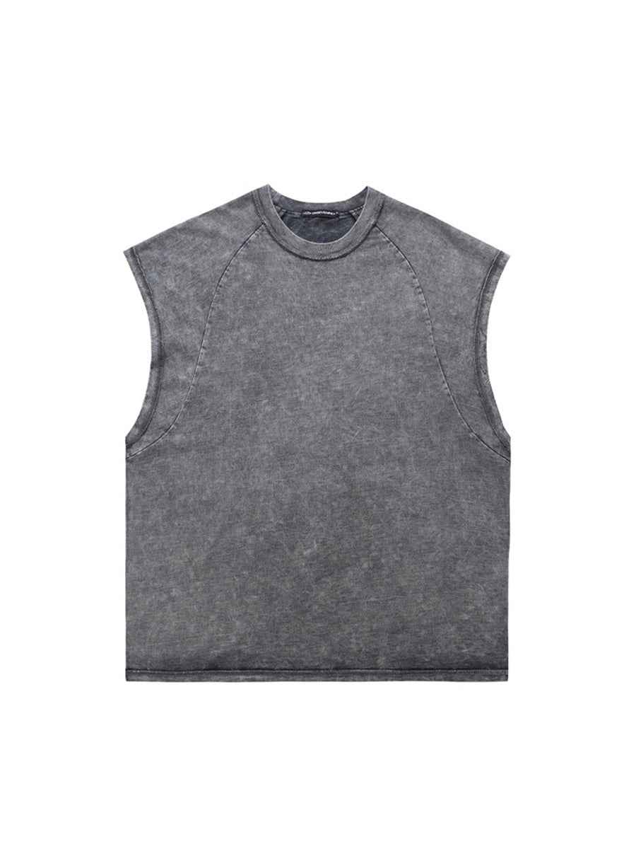 Whysoil-Washed Grey Raw Edge Sleeveless Oversized Crew Neck Tank Top