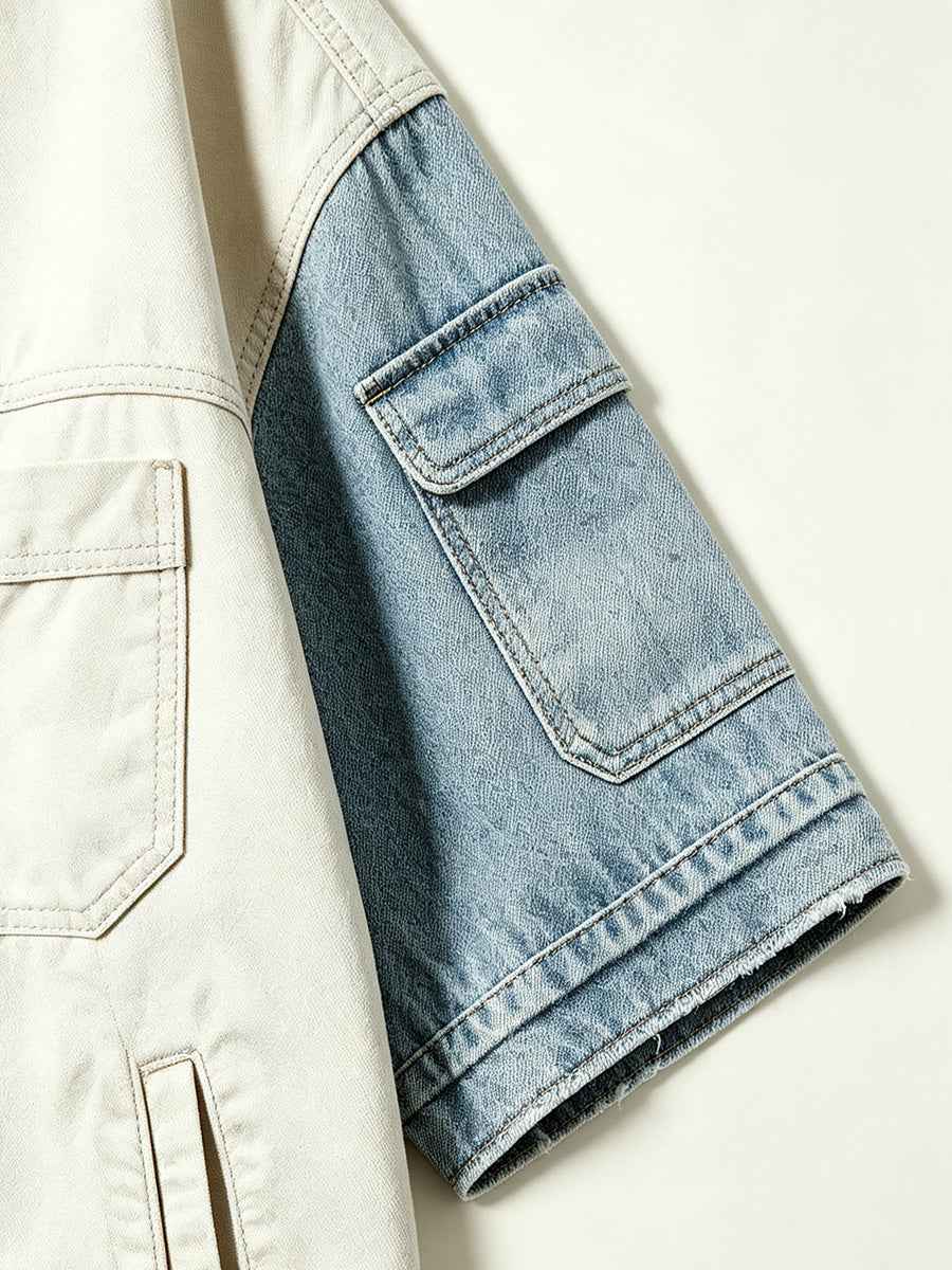 Color Block Patchwork Regular Shoulder Oversized Short Sleeve Denim Jacket Cream Blue Wash | WHYSOIL